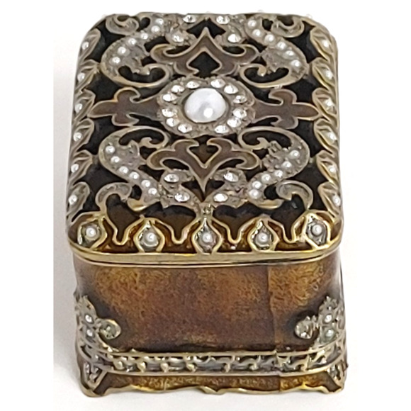 Heirloom Brass Box Enamel Embellished Treasure Trinket Lid Faux Pearl Rhinestone - Picture 2 of 9